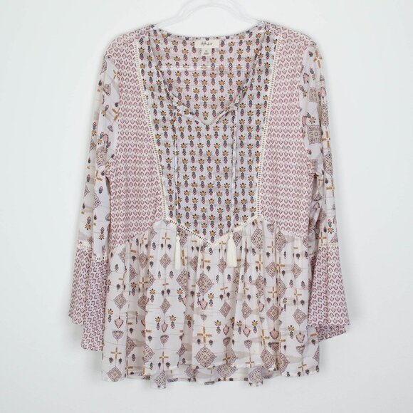 Style & Co Womens Tassel Peasant Shirt Size XL Cream Bell Sleeve Flowy Boho - Picture 1 of 10